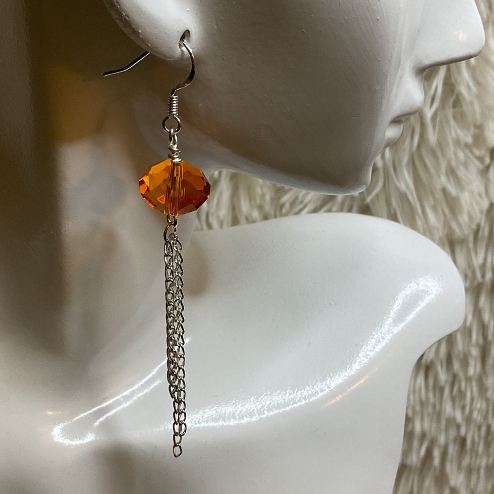 Pulse Silver Tassel Earrings with Orange multi faceted Crystal